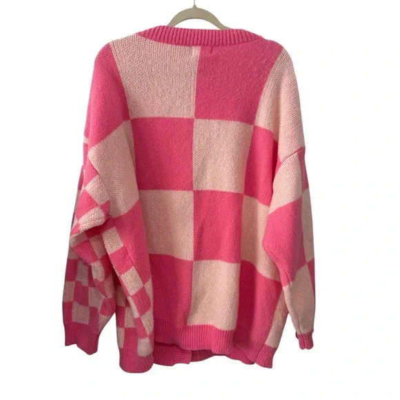 Bibi Large Pink Cream Checkerboard Oversized Button Front Cardigan Sweater - Picture 3 of 5